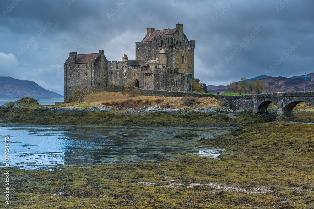 Ruins of the Eilean Donan castle, built on a a small tidal island where three sea lochs meet, Loch Duich, Loch Long and Loch Alsh, in the western Highlands of Scotland