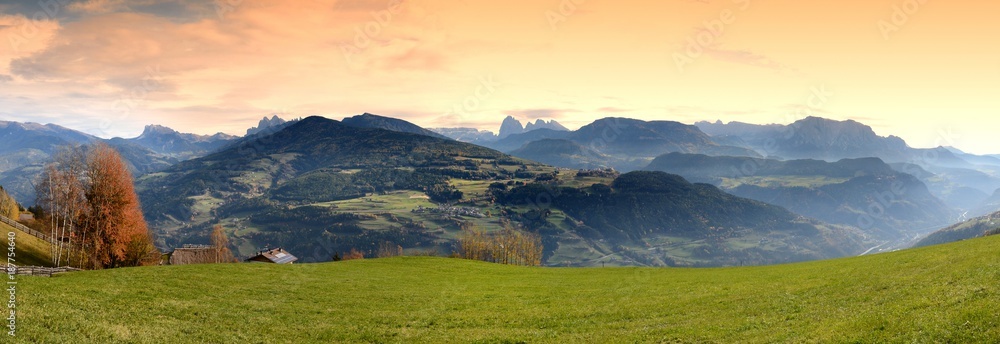 Beautiful Panorama on the Dolomites Mountains from Villandro. Alto-Adige, Bolzano, Italy.