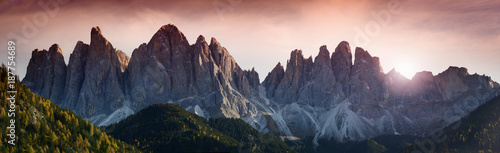 The magnificient mountains group of Odle in the Natural Park of Odle-Puez. Dolomites, Alto-Adige, Italy. photo