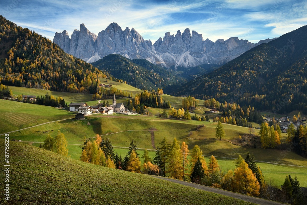 Santa Magdalena Village in Val di Funes with the Odle Dolomites group on the background. South tyrol, Italy.