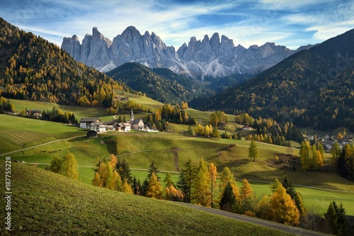 Santa Magdalena Village in Val di Funes with the Odle Dolomites group on the background. South tyrol  Italy.
