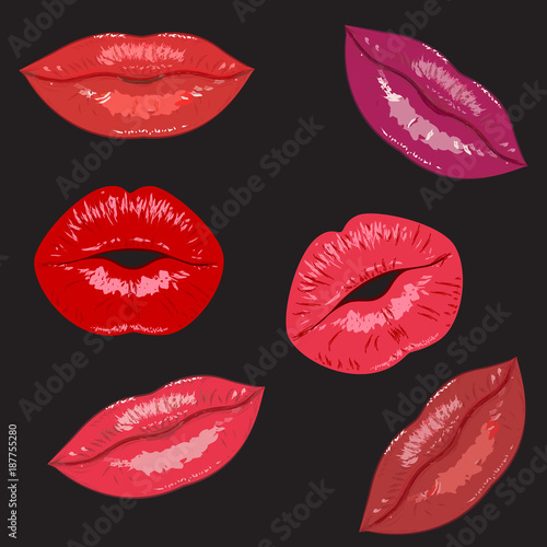 Set beauty fashion women s sexy lips lipstick love vector icon logo isolated pop art background.Red lips close up girl.Shape kiss kissing lips.Women s mouths fashionable lipstick symbol.Valentines day