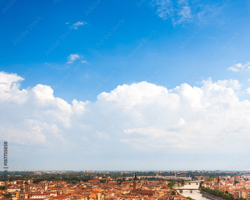 Aerial view of Verona, Italy, Veneto region. Beautiful sunny panorama with space for text. Travel concept