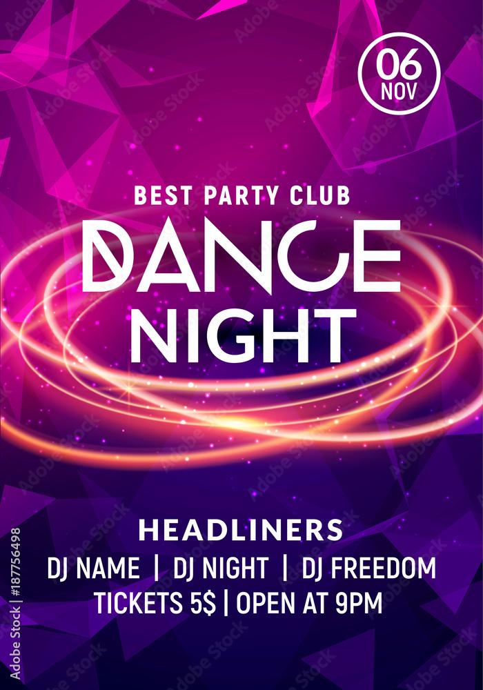 Night dance party music night poster template. Electro style concert disco club party event flyer invitation - obrazy, fototapety, plakaty 