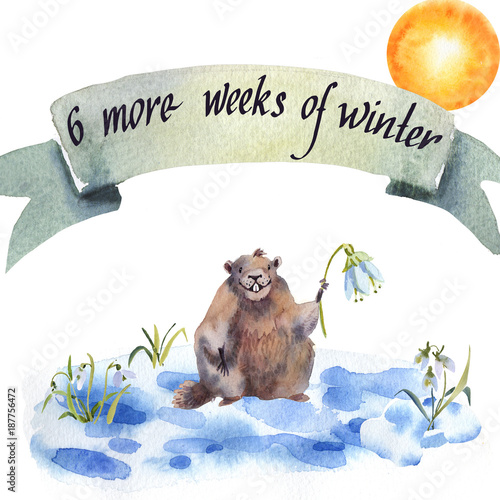 Happy Groundhog Day - hand hand drawing watercolor card groundhog photo