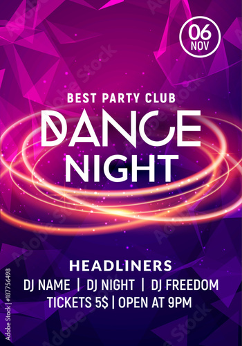 Night dance party music night poster template. Electro style concert disco club party event flyer invitation