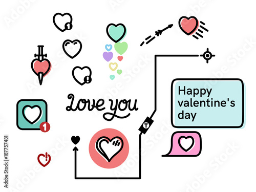 Valentine's day hearts set about love matching apps, compatibility, dating. Isolated on wall background flat line art style.