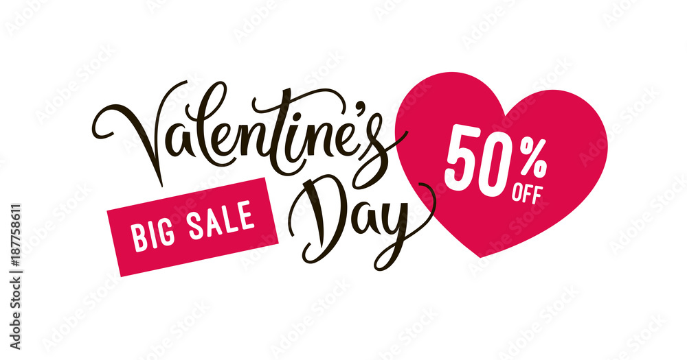Valentine's day sale banner design template with heart icons and hand lettering calligraphy text. Vector logo and Illustration for tag or label. Flat style, isolated on white. EPS 10