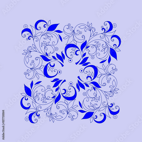 blue floral square abstract ornamenton lilac background photo