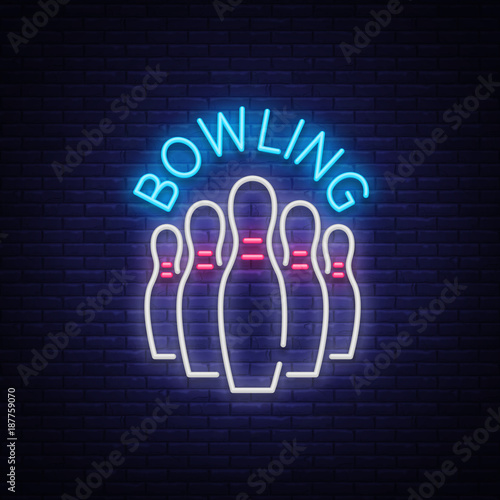 Bowling is a neon sign. Symbol emblem, Neon style logo, Luminous advertising banner, Night bright luminous billboard, Design template for the Bowling Club, Bowling Tournaments. Vector illustration.