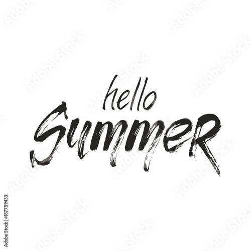 Hello summer  wording isolated on white  background. Romantic text. Modern grunge style lettering template for greeting card design.