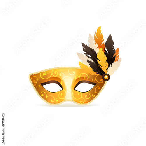 Bright golden carnival vector mask isolated on white background. Festive masqeurade elegant mask icon in golden colors.