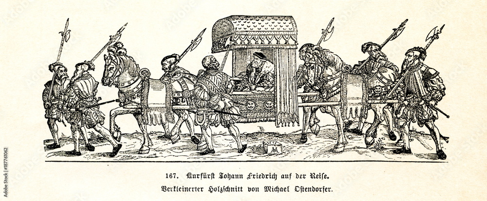 Obraz premium John Frederick I, elektor Saksonii, podróżujący na noszach konnych (za Spamers Illustrierte Weltgeschichte, 1894, 5 [1], 395)