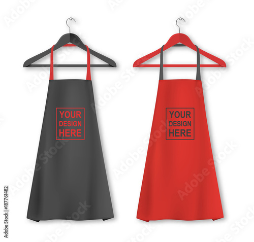 Vector cotton kitchen apron icon set with clothes hangers closeup isolated on white background. Black and red colors. Design template, mock up for branding, advertising etc. Cooking or baker concept