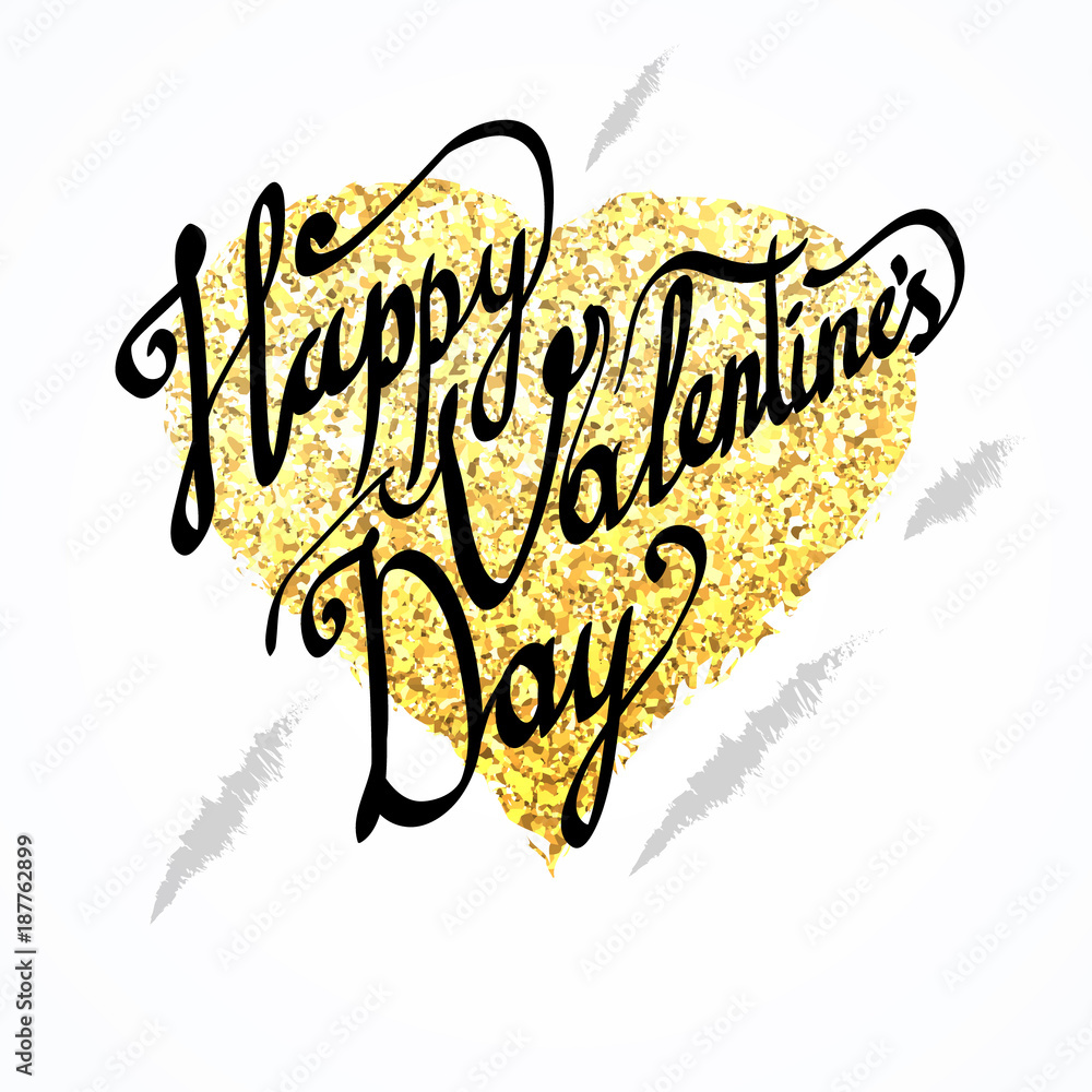 Happy Valentines Day Lettering on Golden Glittering Background