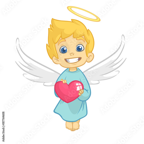 Cute Baby Cupid amur Hugging a Heart. Cartoon illustration of Cupid character for St Valentine's Day isolated on white