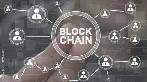 Businessman presses button block chain network internet interface