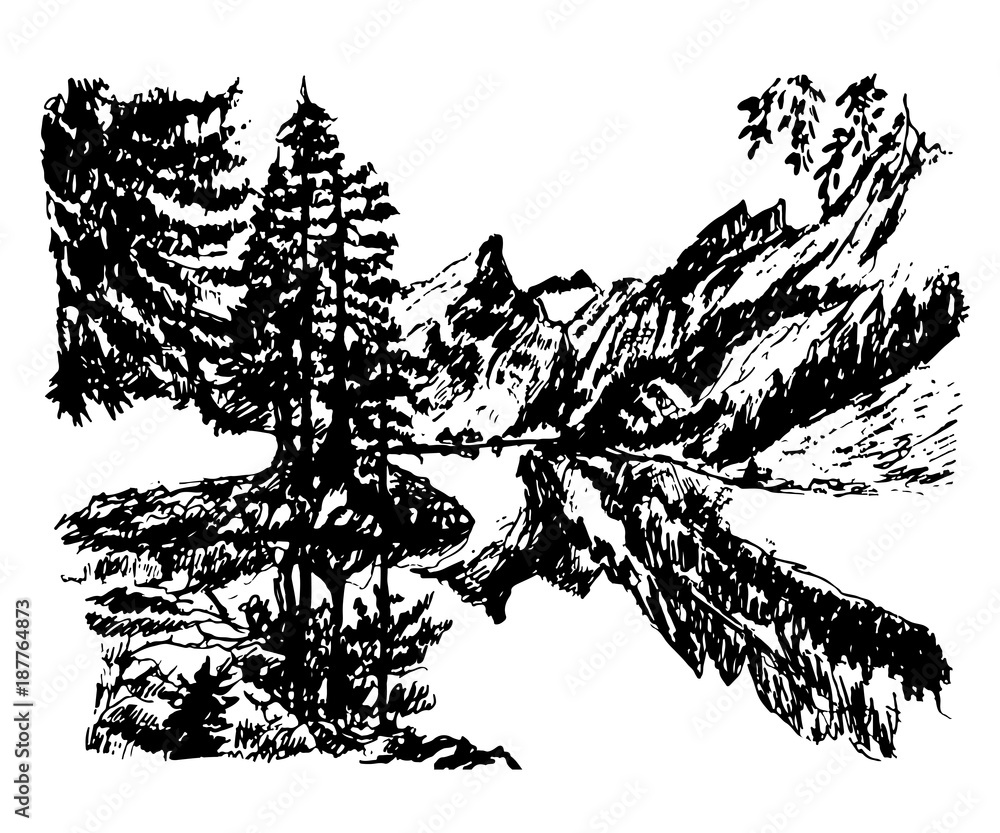 Печатьdrawing background landscape beautiful mountain lake in the middle of a coniferous forest, sketch, hand-drawn vector illustration