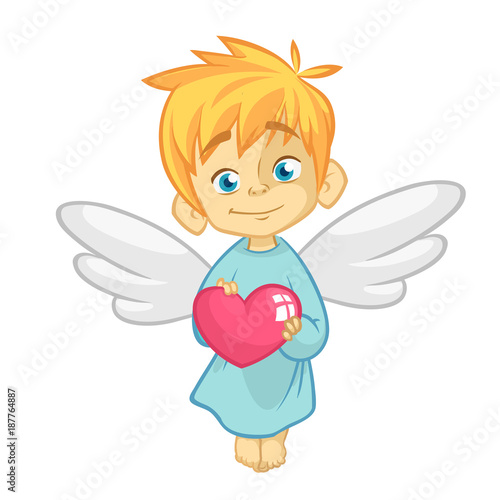 Cute Baby Cupid Angel Hugging a Heart. Cartoon illustration of Cupid character for St Valentine's Day isolated on white
