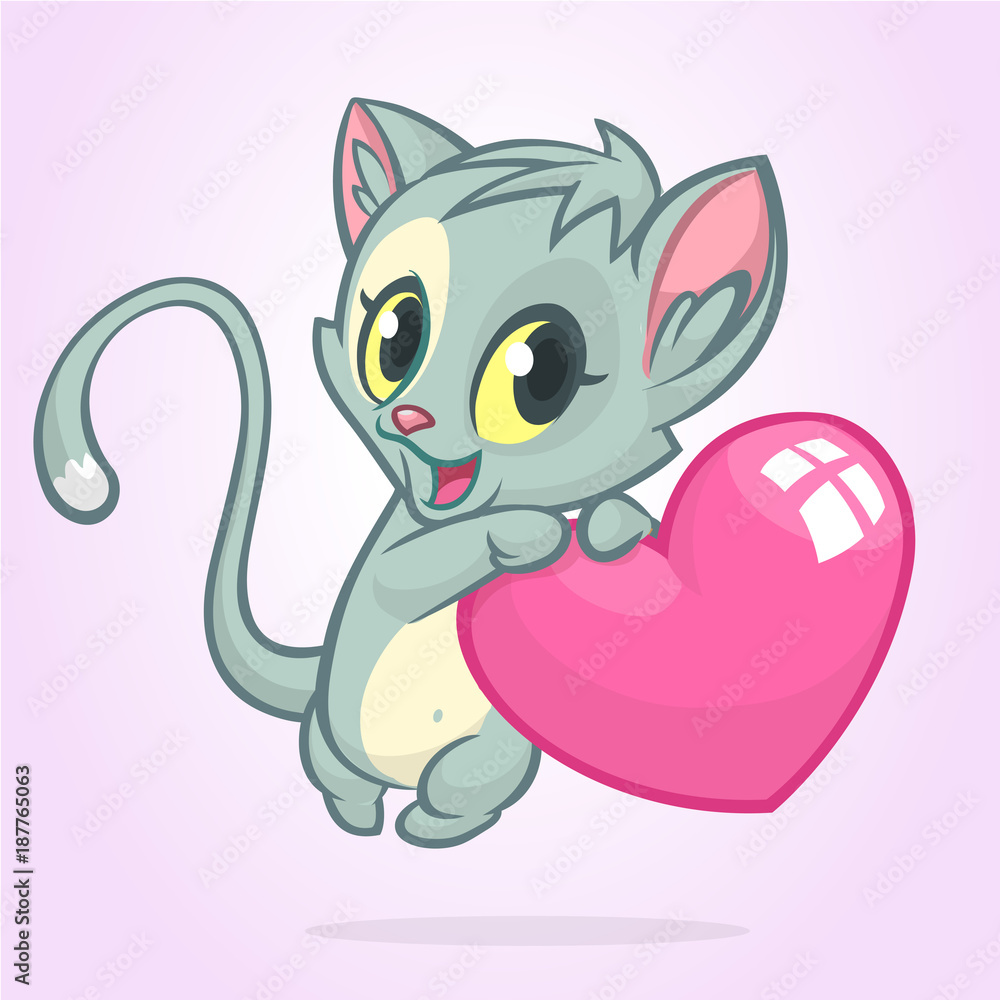 Obraz premium Cartoon funny kitty holding a love heart. Vector illustration for St Valentines Day. Isolated
