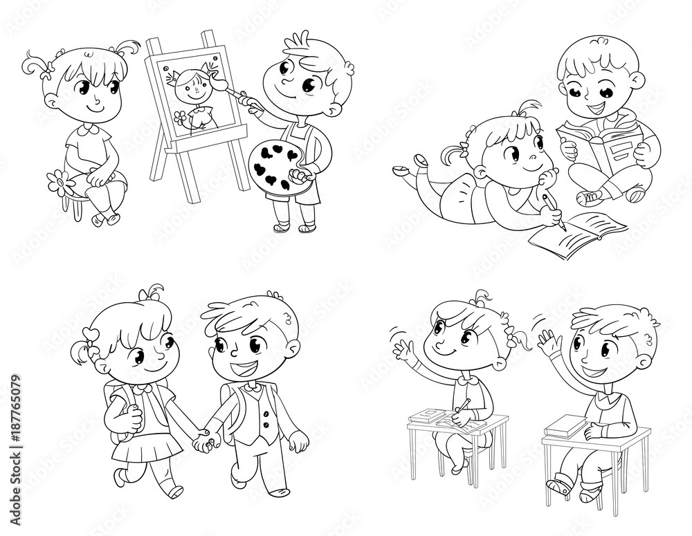 Students put hand up in class room. Coloring book Students put hand up in class room. Coloring book