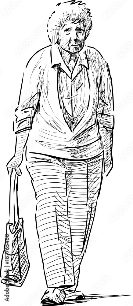 sketch of a strolling elderly woman sketch of a strolling elderly woman