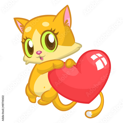Cartoon cute kitty in love and holding a heart love. Vector illustration for St Valentines Day. Isolated
