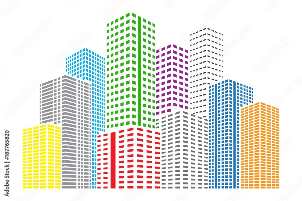 City Skyscrapers illustration. Bright Buildings. Urban scene. Abstract vector design element isolated on white background.