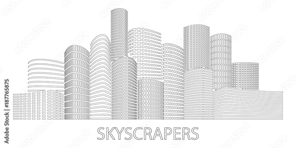 City Skyscrapers stylish vector illustration. Buildings at night. Urban scene. Abstract design element isolated on white background.