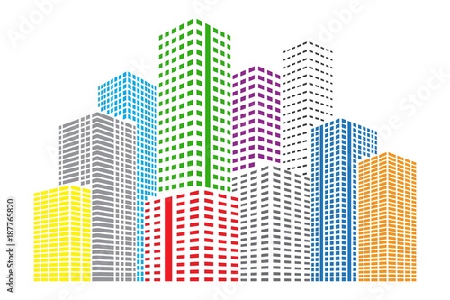 City Skyscrapers illustration. Bright Buildings. Urban scene. Abstract vector design element isolated on white background.