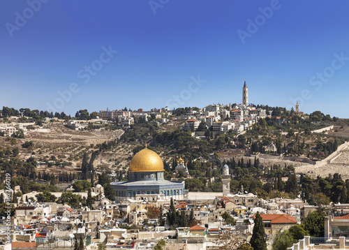 View of the old city, the mosque of the Rock (Omar), the temple mount, the mount of olives. Jerusalem, Israel