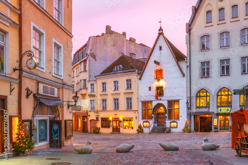 Morning decorated and illuminated Christmas street in Old Town of Tallinn at sunrise, Estonia