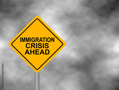 Yellow road sign with immigration crisis ahead message isolated on a grey sky background. Yellow hazard warning sign. Vector illustration.
