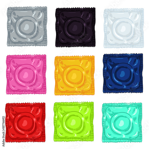 Vector Set of Cartoon Color Condoms. Contraceptive Collection.