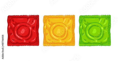 Vector Set of Three Color Condoms. Red, Yellow and Green Contraceptive in Package.