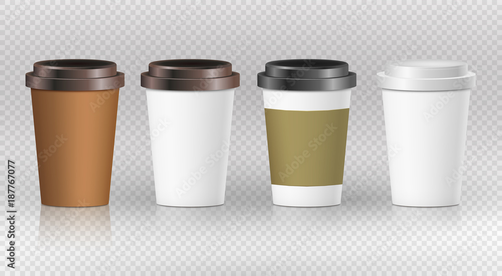 Coffee paper cup set with label. Brown plastic container for drink. Latte, mocha or cappuccino cup for cafe. Vector cover Coffee paper cup set with label. Brown plastic container for drink. Latte, mocha or cappuccino cup for cafe. Vector cover