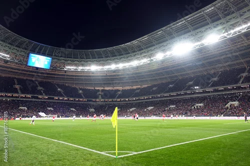 Obraz Boisko do piłki nożnej. Ludzie oglądają piłkę nożną na trybunach.