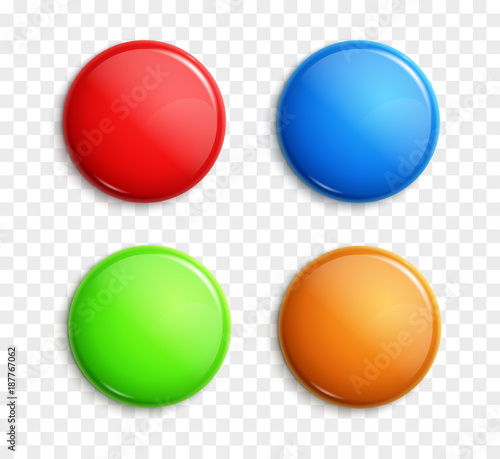 Blank colorful glossy badges isolated. Web buttons. Vector shape design blue, red, green and orange