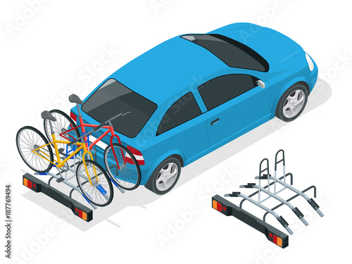Isometric Bikes Loaded on the Back of a Van. Car and Bicycles. Flat style vector illustration isolated on white background.