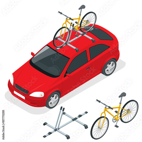 Isometric car is transporting bicycles on the roof. Bike transportation. Flat style vector illustration isolated on white background.