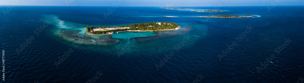 Aerial view of the tropical islands of Kaafu Atoll, Maldives