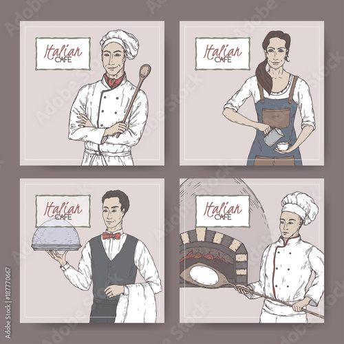 Set of four color Italian cafe vintage labels with cook, baker, waiter and barista sketch.