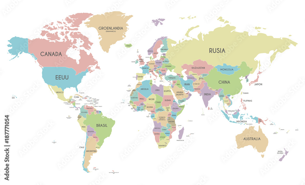 Obraz premium Mapa polityczna świata wektor ilustracja na białym tle z nazwami krajów w języku hiszpańskim. Edytowalne i wyraźnie oznaczone warstwy.