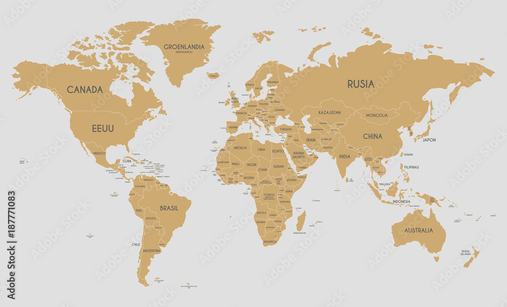 Political World Map vector illustration with country names in spanish. Editable and clearly labeled layers.