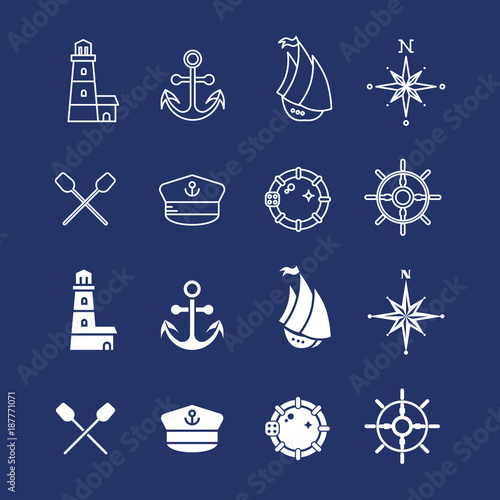 Marine sea nautical, pirate and maritime thin line icons