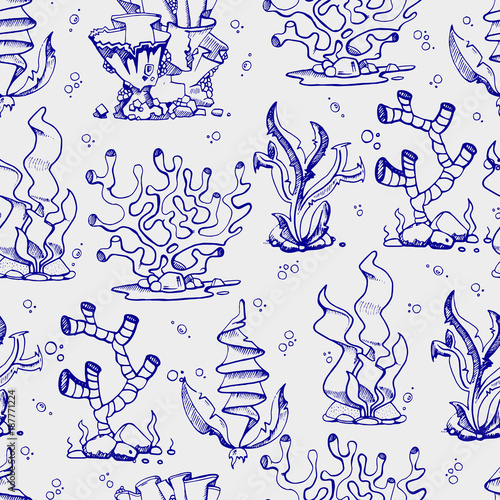 Doodle seaweeds and coralls seamless pattern