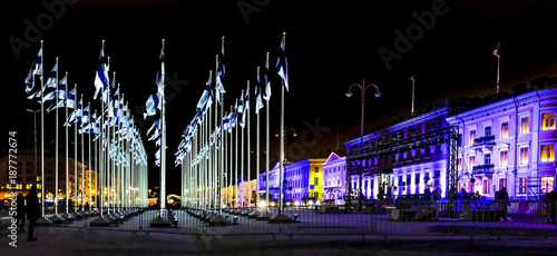 Helsinki, Finland 6.12.2017 the 100th anniversary of Finland´s independence. In honor of the celebration of the year, a hundred Finish flags have been lifted on the Helsinki 