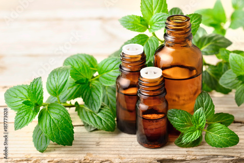 fresh peppermint leaves and Peppermint essential oil in the amber glass bottle