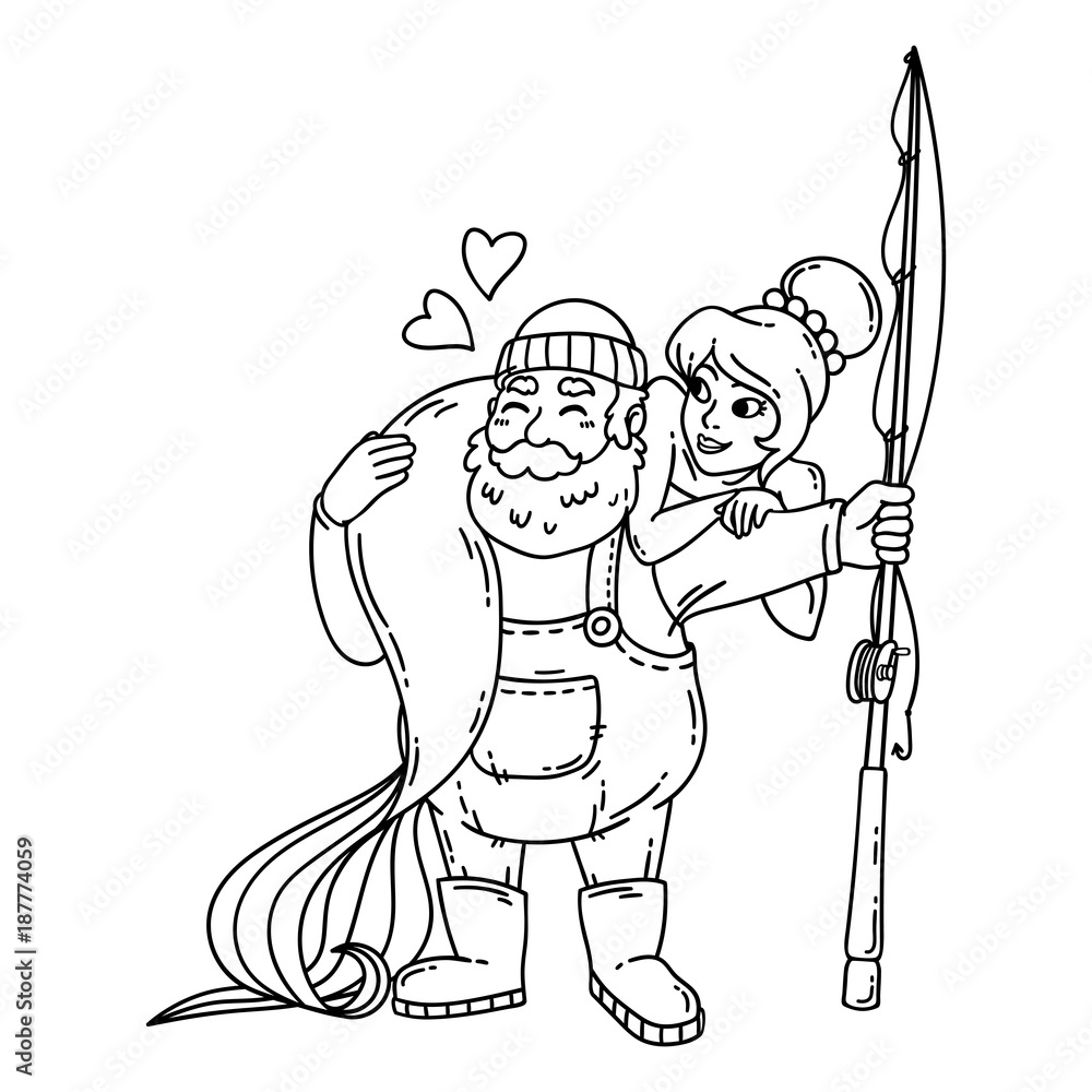 Fototapeta premium Fisherman with mermaid. Isolated objects on white background. Vector illustration. Coloring pages.