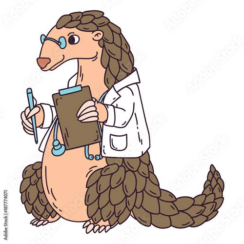 Pangolin the doctor. Isolated objects on white background. Cartoon vector illustration.